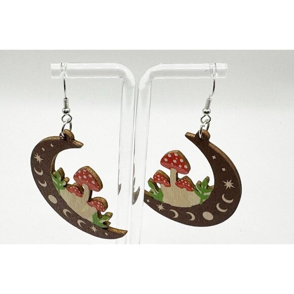 Hippie Moon Mushroom Wooden Earrings Light Wearing NWT - Picture 3 of 4